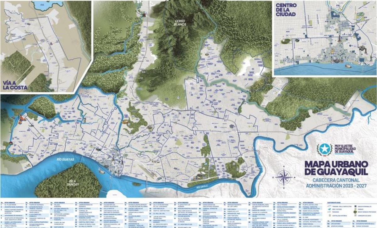El mapa urbano, de 90 x 59 cm, identifica 113 hitos urbanos, incluyendo escuelas, parques, sitios turísticos y avenidas principales.