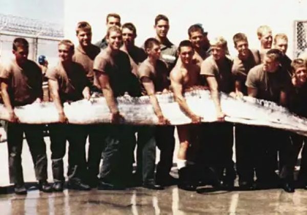 Miembros de la Armada de los Estados Unidos muestran un pez remo gigante de 7 metros descubierto por su instructor en la Bahía de San Diego en 1996.